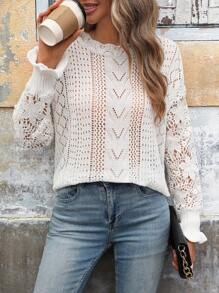 SHEIN LUNE 女士白色蕾丝拼布镂空毛衣，秋季假期 - 白色 - 查看 5