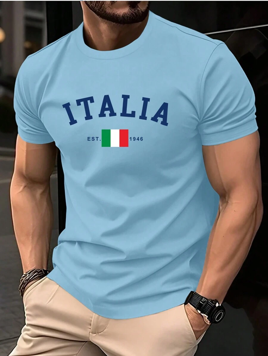 Manfinity Homme Men's Summer Letter Print Crew Neck Short Sleeve Casual T-Shirt - Baby Blue - View 1