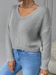 Chiquease Women's Solid Color V-Neck Sheer Knit Sweater Daily Casual, Knit Pullover Fall Winter - Grey - View 6