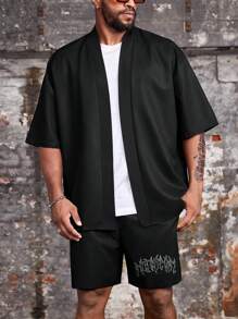 Manfinity LEGND Plus Size Men's Solid Color Simple Daily Short Sleeve Shirt And Printed Shorts Set,Halloween Clothes