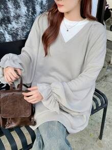 FRIFUL Women's Casual Solid Color Flared Sleeve Oversized Hoodie,Ruffle,Fall Clothes Sweatshirt - Grey - View 4