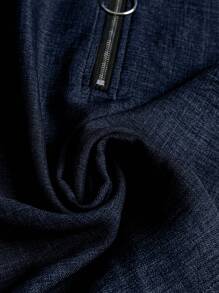 EMERY ROSE Women Summer Solid Color V-Neck Zip-Up Blouse - Navy Blue - View 3