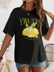 SHEIN Áo sơ mi ngắn tay in chữ cho bà bầu Loose City Holiday Lemon - màu đen - Xem 6