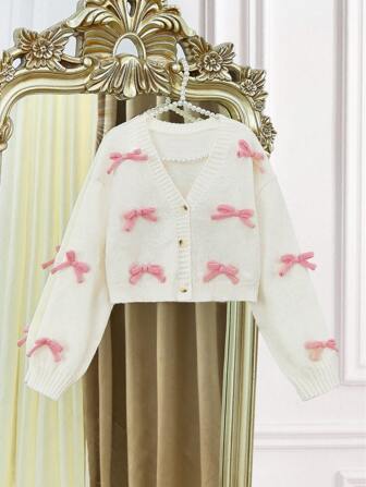 SHEIN Mädchen Tween Mode Lässig Süß Bequem Weich Einfach Vielseitig Elegant 3D Schleife Langarm Kurze Strickjacke Pullover, geeignet für Zuhause, Alltag, Schule, Ausflug, Party, Herbst & Winter