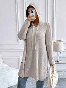 Calvaya Plus Size Solid Color Side Slit Long Length Hooded Knit Sweater Knit Pullover Fall Winter Outfit