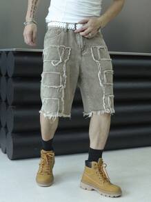Manfinity EMRG 男士宽松全印花牛仔短裤 - 橄欖綠 - 查看 1