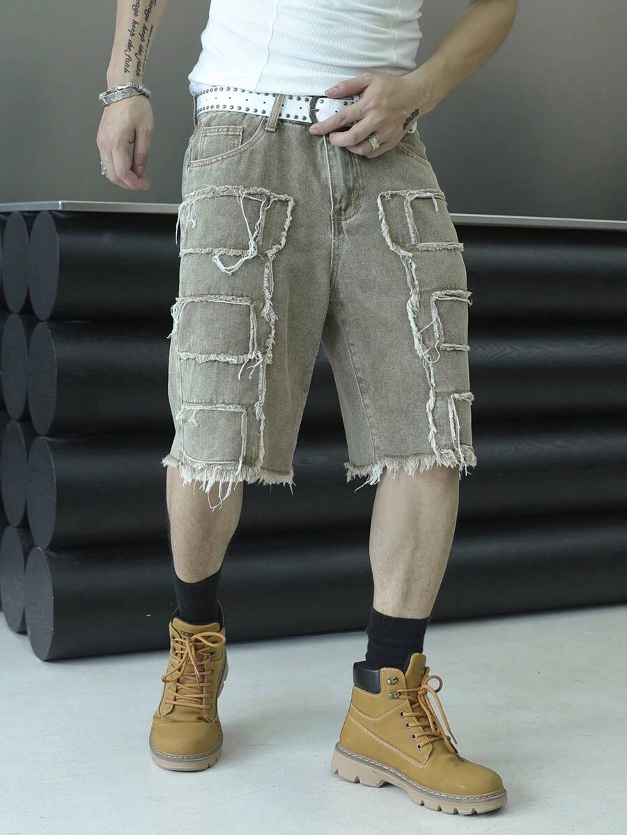 Manfinity EMRG 男士宽松全印花牛仔短裤 - 橄欖綠 - 查看 1