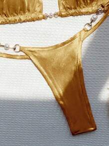 SHEIN Swim 女士夏季海滩纯色金属领口吊带性感比基尼套装、泳衣 - 金色 - 查看 4