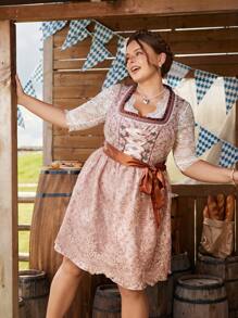 SHEIN Frenchy 大码 Dirndl 女式德国啤酒节蕾丝拼布提花中长连衣裙 - 彩色 - 查看 3