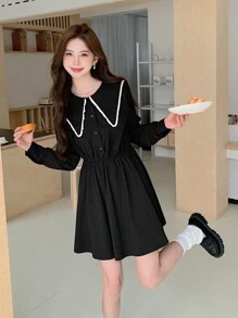 EastFlair 女性休閒對比花邊連衣裙 - 黑色 - 查看 1