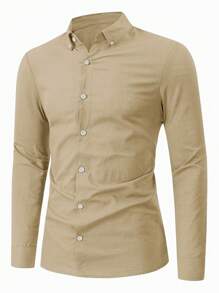 Manfinity Mode Camisa casual de manga larga de unicolor para hombres, para otoño - Camel - Ver 3