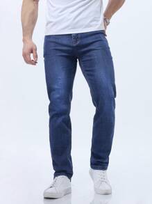 Men's Solid Color Stretch Jeans, Full-Length - Blue - View 5