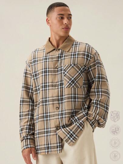 Manfinity VCAY Men's Plaid Flannel Lapel Collar Long Sleeve Shacket For Autumn & Winter,Back To School