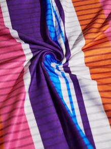 Slaydiva 大码休闲吊带彩色条纹仿坑布全印花迷你紧身连衣裙女装-H，适合夏季 - 彩色 - 查看 8