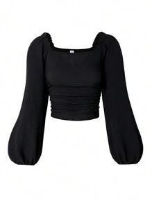 SHEIN Teenage Girls' Urban Chic  Ruffle Collar Puff Sleeve Blouse, Wrinkle Textured Soft Material - Black - View 2