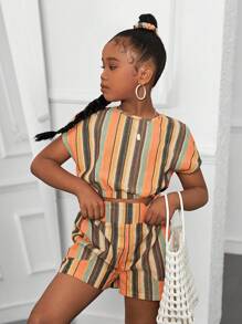 SHEIN Conjunto de 3 piezas para niñas preadolescentes: top casual sin mangas, pantalones de pierna recta y scrunchies para el cabello, primavera verano