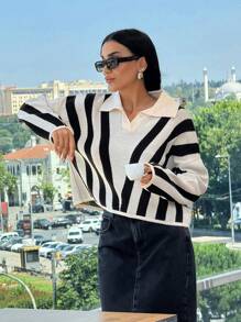 SHEIN Pull à épaules tombantes avec col en forme irrégulière et rayures pour femmes