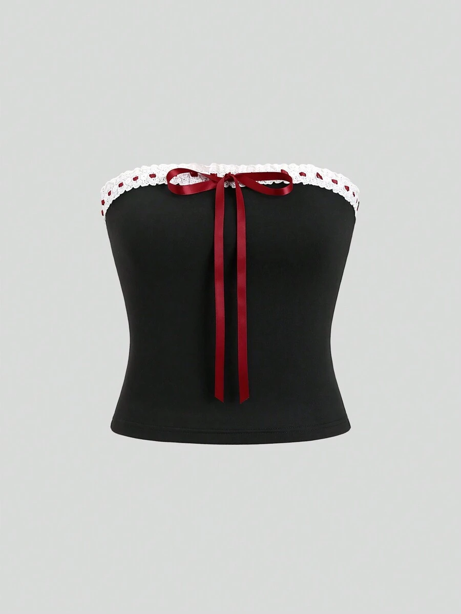 Sweetra Áo quây buộc nơ mùa hè dành cho nữ, phong cách Y2K - màu đen - Xem 1