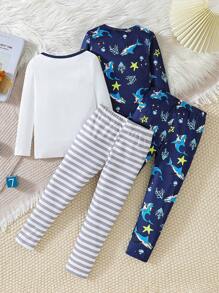 2pcs Young Boy Snug Fit Ocean Creature Print Long Sleeve T-Shirt And Long Pants Pajama Set - Multicolor - View 2