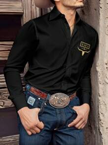 Manfinity Nomadique Men Simple Cowboy Printed Button-Up Long Sleeve Shirt, For Going Out, Husband, Fall - Black - View 1