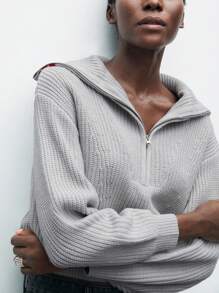 Maija Women's Solid Color Shawl Collar Half-Zipper Rib-Knit Long Sleeve Sweater - Grey - View 8