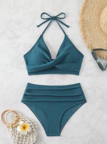 Summer Beach Solid Color Pleated Twist Design Spaghetti Strap Bikini Set For Vacation