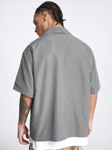 Manfinity NXTstreet Men's Embroidered Pattern Loose Woven Short Sleeve Shirt, Suitable For Summer - Black - View 2