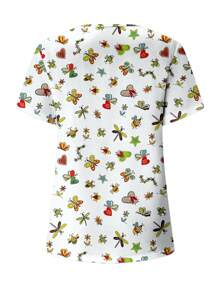 PopScrub V 领短袖蜻蜓印花双口袋休闲制服衬衫、磨砂上衣