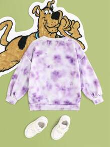 SCOOBY-DOO X SHEIN Felpa con cappuccio Tie-Dye viola stampata con cartoni animati di ragazze giovani, dolce e carina maglietta casual per la primavera e l'autunno