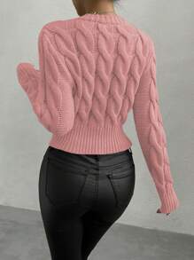 Chiquease Casual Plain Color Cable Cropped Sweater, Autumn Spring, Knit Pullover Fall Winter - Pink - View 3