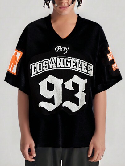 Prep Men's V-Neck Knitted Top With Numeric & Alphabet Print For Casual Summer Wear