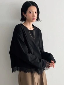 FRIFUL Camiseta holgada de manga larga para mujer de cuello redondo y unicolor de Primavera/Verano con borde de encaje, parte superior casual