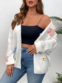 SHEIN VCAY Plus Size Winter 3D Floral Romantic Warm Knitted Cardigan