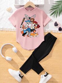 SHEIN 2 pezzi Outfit estivo da ragazza con stampa di animali carini - Maglietta rosa a maniche corte e pantaloni neri, abiti casual per il ritorno a scuola - Rosa - Visualizzare 1