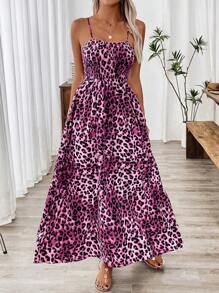 Breezaya Váy cổ chữ V họa tiết da báo dành cho nữ, Váy mùa hè sang trọng gợi cảm lưng cao - Màu tím - Xem 4