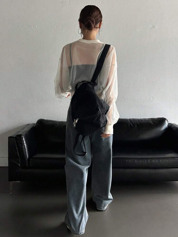 Fitted Sheer Mesh Crew Neck Long Sleeve Blouse For Women