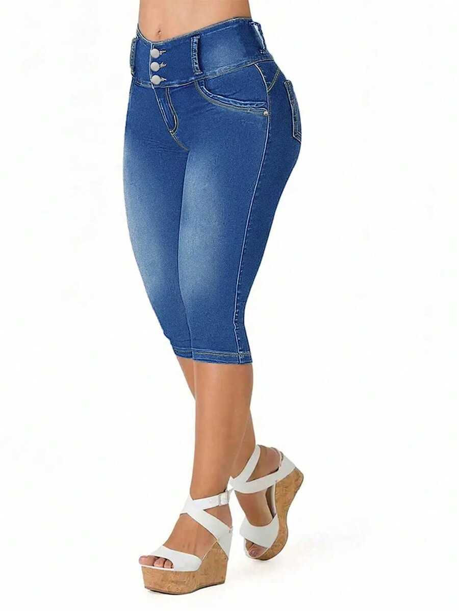 High Waist Butt Lifting Stretch Capri Jeans For Women - 3 Button Skinny Fit Push Up Denim Pants Summer Casual Sculpting Look - 中等水洗藍 - 查看 1