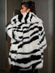 Allurite Women Plus Size Fluffy Zebra Print Fuzzy Jacket - Apricot - View 2
