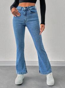 SHEIN PETITE Women Pocketed Flared Casual Versatile Denim Jeans - Medium Wash - View 5