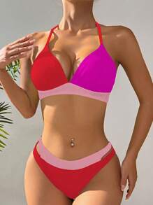 SHEIN Swim 女士夏季沙灘拼色頸掛比基尼套裝 - 紅色 - 查看 5