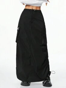 Muchica Girls Essentials Daily Wear Cargo Drawstring Maxi Skirts - Black - View 3