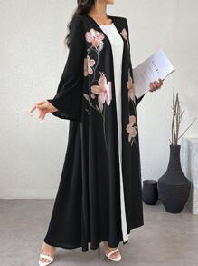 Al Najma 女士花卉印花优雅长袖阿拉伯长袍 - 彩色 - 查看 2