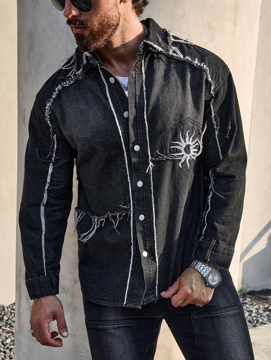 Manfinity LEGND Men Sum Embroidery Raw Trim Denim Shirt - Black - View 1