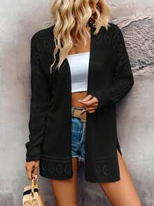 SHEIN LUNE 女士纯色落肩开襟镂空休闲开衫，春秋季 - 黑色 - 查看 7