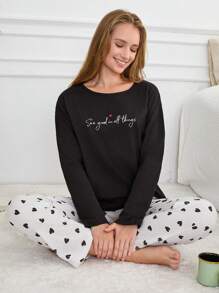 RueChic Cotton 2Pcs  Contrast Colour Slogan&Heart Printed PJ Set - Black and White - View 1