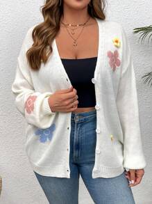 SHEIN VCAY Plus Size Winter 3D Floral Romantic Warm Knitted Cardigan