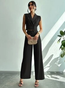 Firerie 2 件套女士黑色商务休闲领衬衫，收腰直筒裤套装，正装，旅行装机场 - 黑色 - 查看 5
