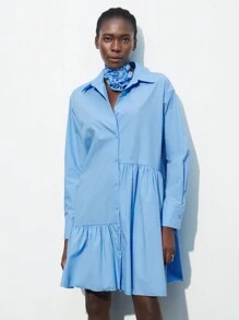 Maija 女士蓝色 3D 花卉可拆卸褶饰不对称 A 字形连衣裙 - 藍色 - 查看 4