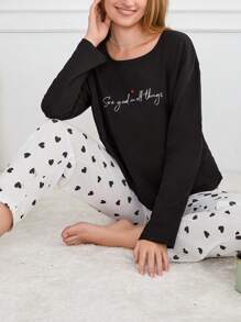RueChic Cotton 2Pcs  Contrast Colour Slogan&Heart Printed PJ Set - Black and White - View 3