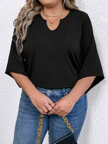 SHEIN LUNE Camiseta de punto de unicolor con cuello en V para tallas grandes - Negro - Ver 5